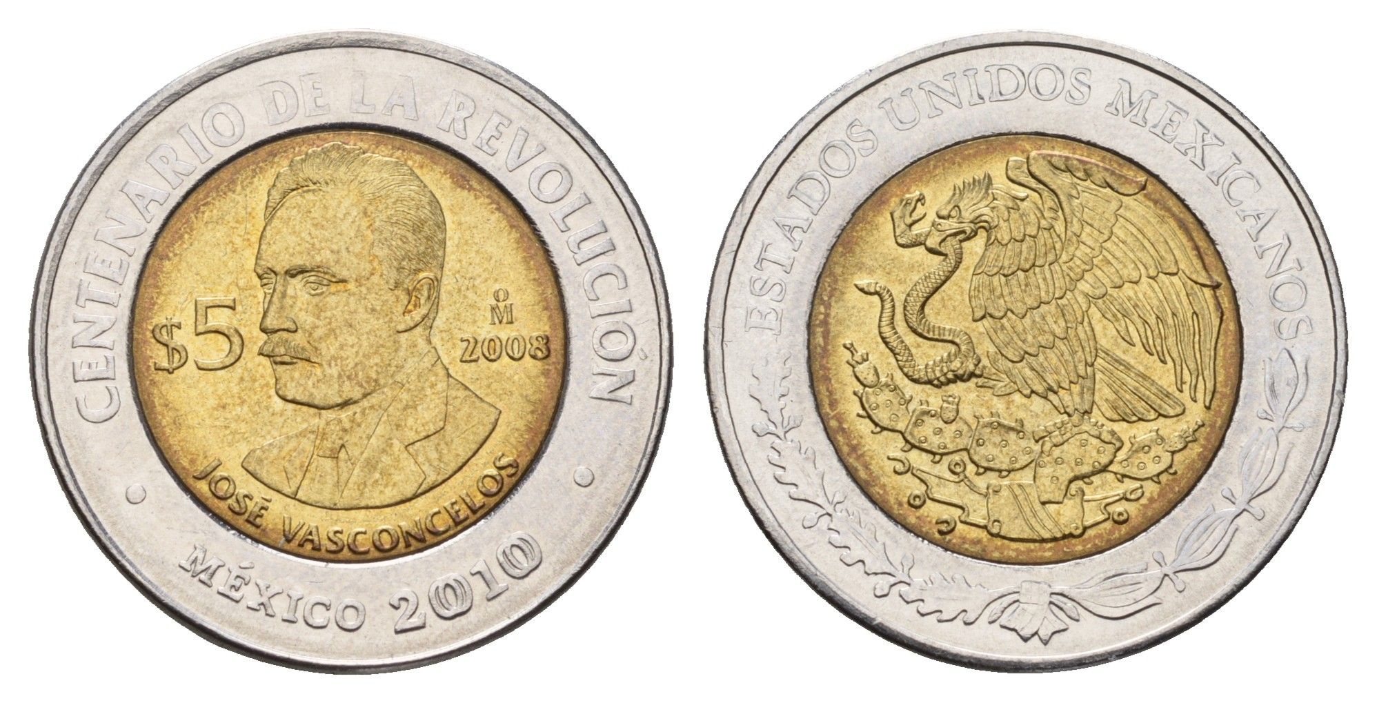 Мексика 5 песо 2008 Столетие революции - Хосе Васконселос KM 897 биметалл UNC 216-1133