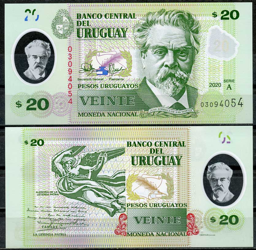 Уругвай 20 песо 2020 Хуан Соррилья де сан Мартин, поэт Pick 101 (1)  пластик  UNC (пресс) 447-49-3