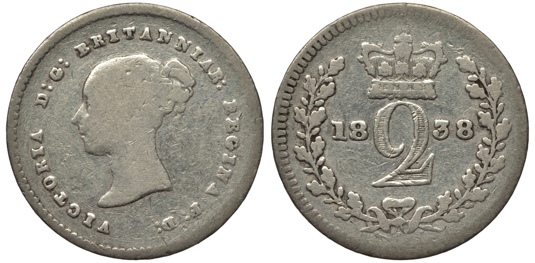 Великобритания 2 пенса 1838 Виктория (1837-1901), для обращения в Британской Гвиане и некоторых частях Британской Вест-Индии KM 729, Spink 3914E серебро 1524-425