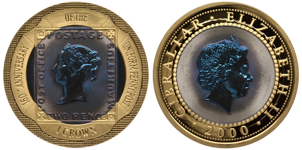 Гибралтар 1 крона 2000 160 лет черному пенни, тираж 999 экземпляров KM 884 золото, биметалл PROOF 10-020-25