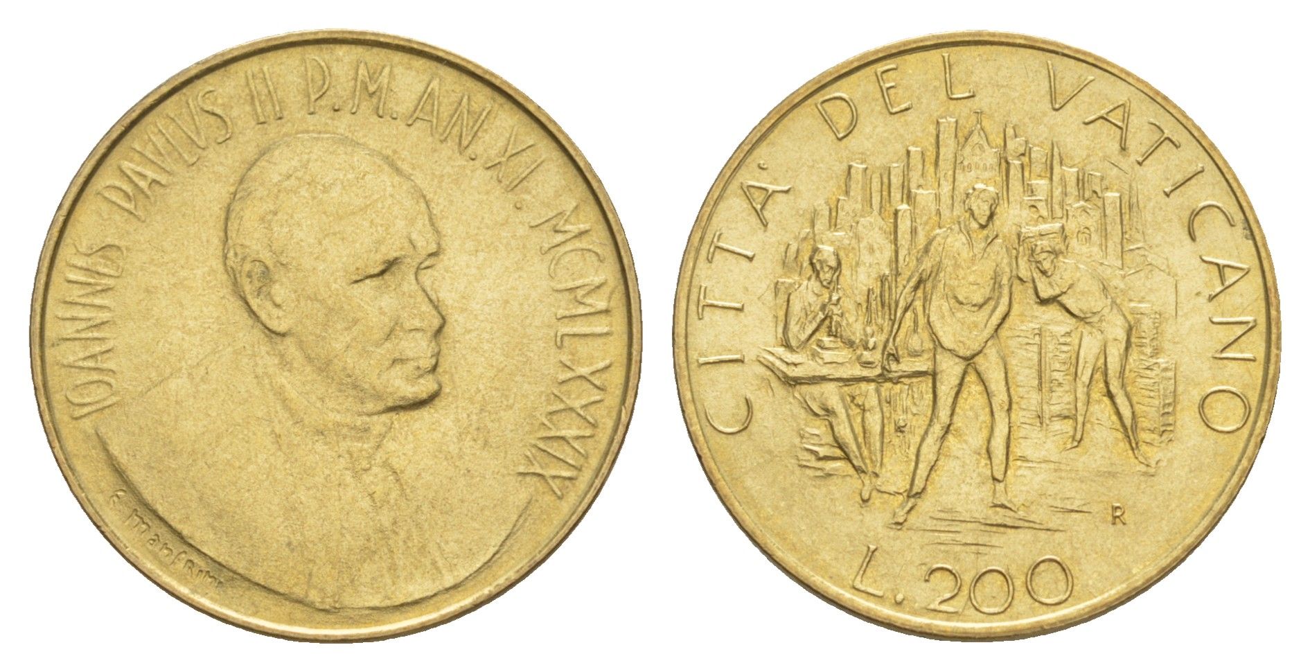 Ватикан 200 лир 1989 KM 217 алюминиевая бронза UNC 4633-1234