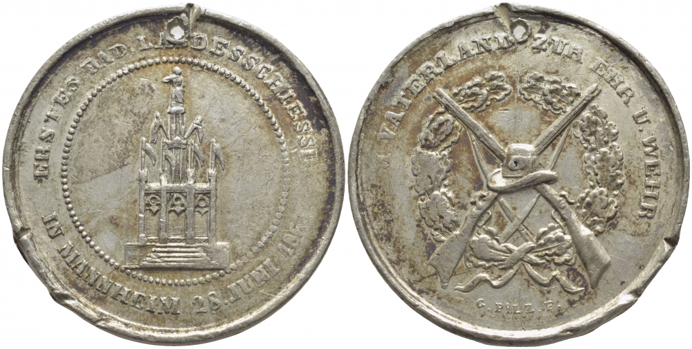 ГЕРМАНИЯ МЕДАЛЬ 1863 ПАМЯТНИК В ГОРОДЕ МАНГЕЙМ, БАДЕН-ВЮРТЕНБЕРГ, ДИАМЕТР 33 ММ. ВЕС 11,1 ГР., ОХОТНИЧЬИ РУЖЬЯ 00-000-00