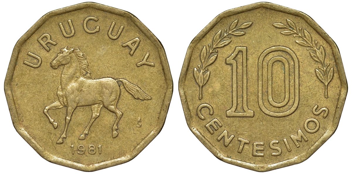 Уругвай 10 сентесимо 1981 KM 66 алюминиевая бронза 4169-552