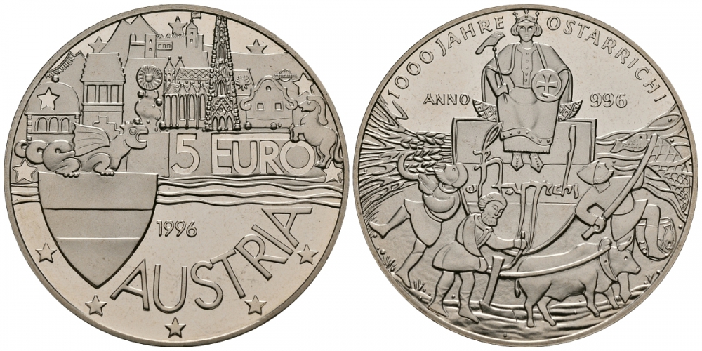 Австрия 5 евро 1996 1000 лет Австрии медно-никель PROOF 11-177-45