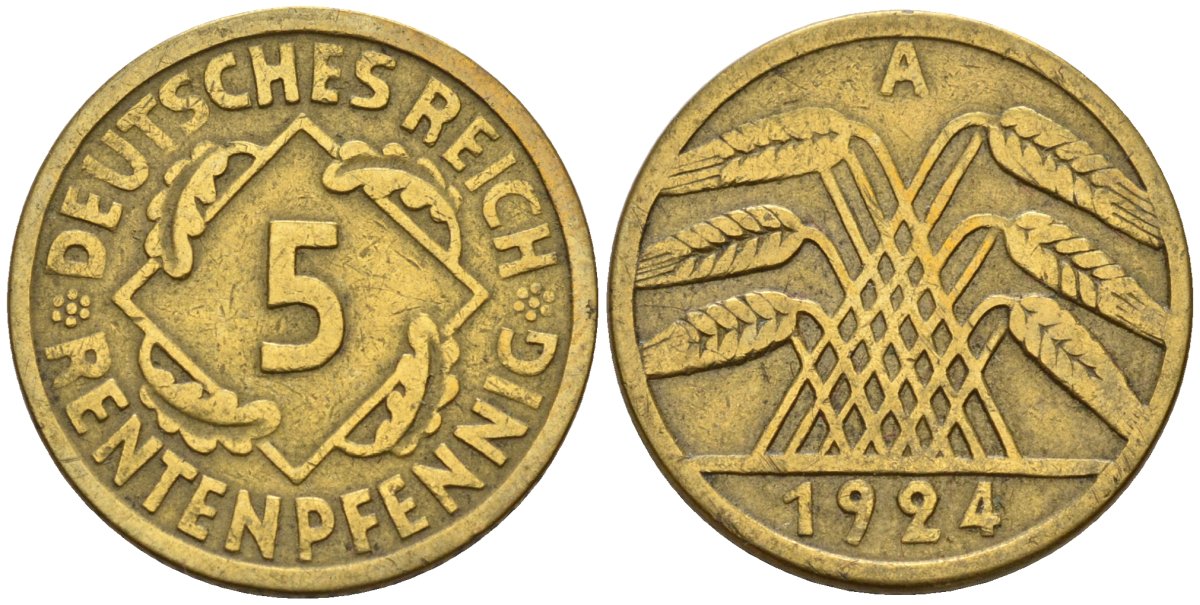 Германия 5 рентенпфеннигов 1924 A KM 32, J. 308 алюминиевая бронза 4151-657