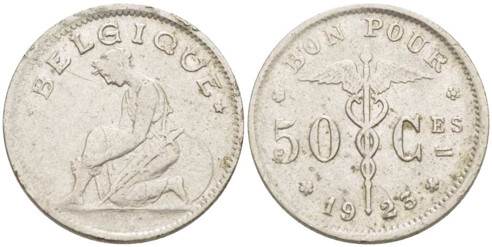 БЕЛЬГИЯ 50 САНТИМОВ 1923 BELGIQUE KM 87 никель 100-1036