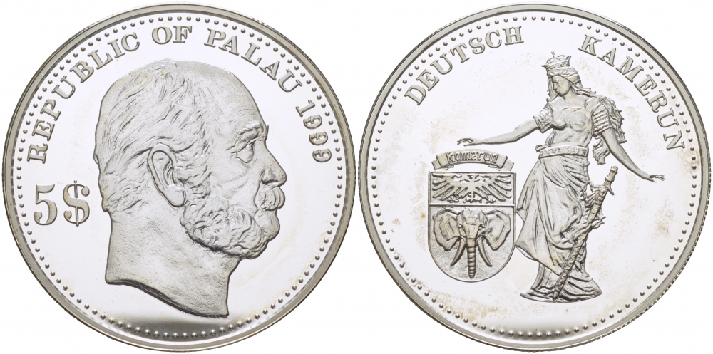 Палау 5 долларов 1999 немецкие колонии, Камерун KM 19 серебро PROOF 1077-9-52