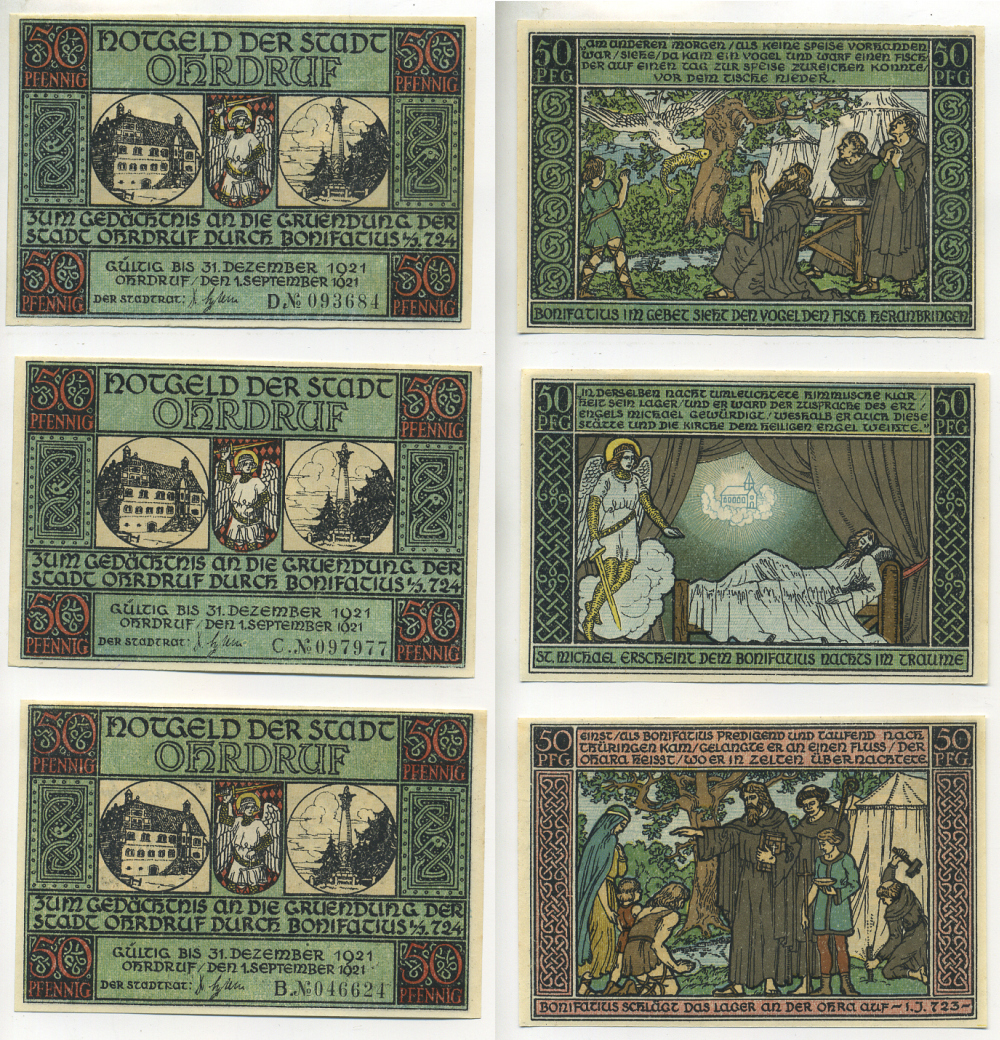 Германия, Ордруф набор из 3 банкнот 1921 нотгельд, земля Тюрингия, евангельские сцены Grabowski 1012.4  бумага  UNC (пресс) 7555-15-1-2