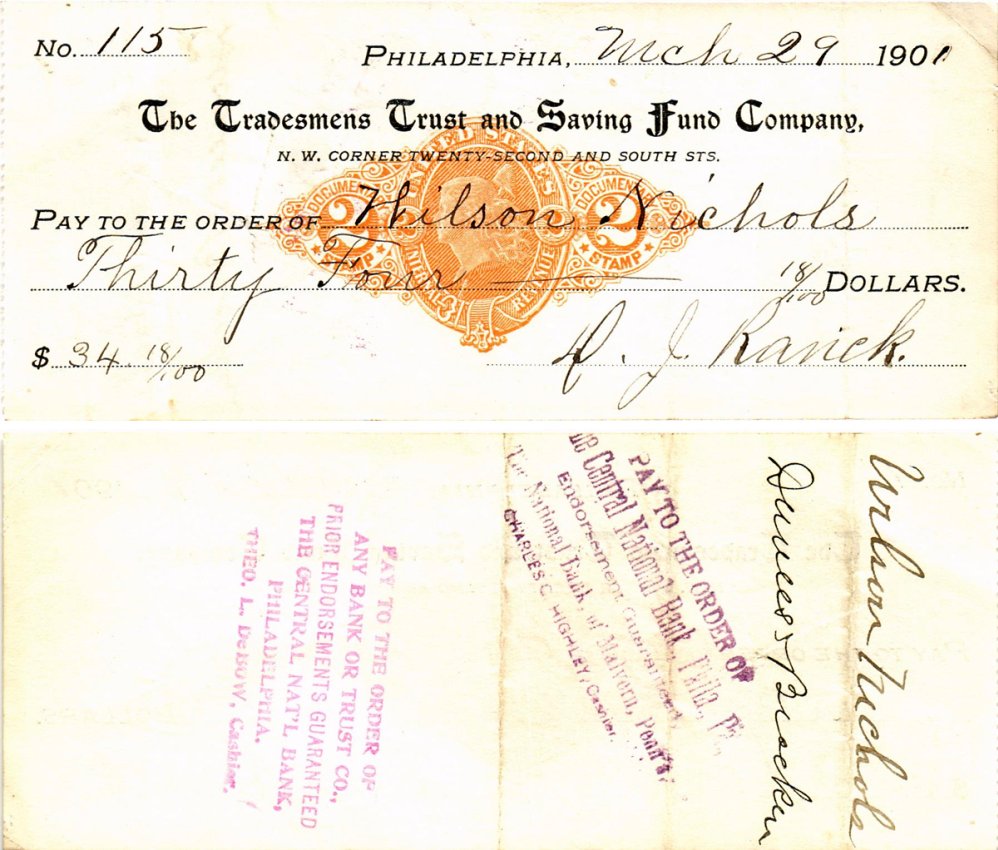 США чек на 34,18 долларов 1901 Филадельфия бумага 6287-36-3-2