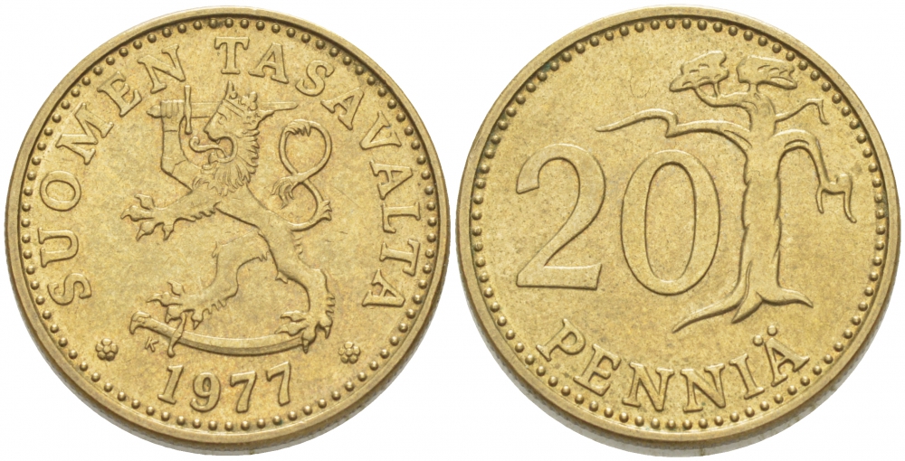 ФИНЛЯНДИЯ 20 ПЕННИ 1977 K KM 47 алюминиевая бронза 3718-633