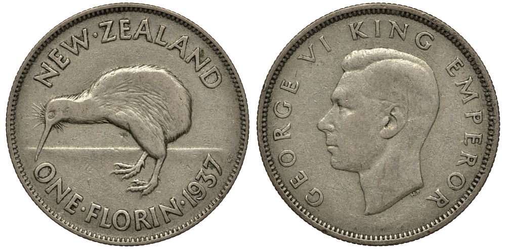 Новая Зеландия 1 флорин 1937 Георг VI (1936-1952), птичка киви, первый год KM 10.1 серебро 272-1431