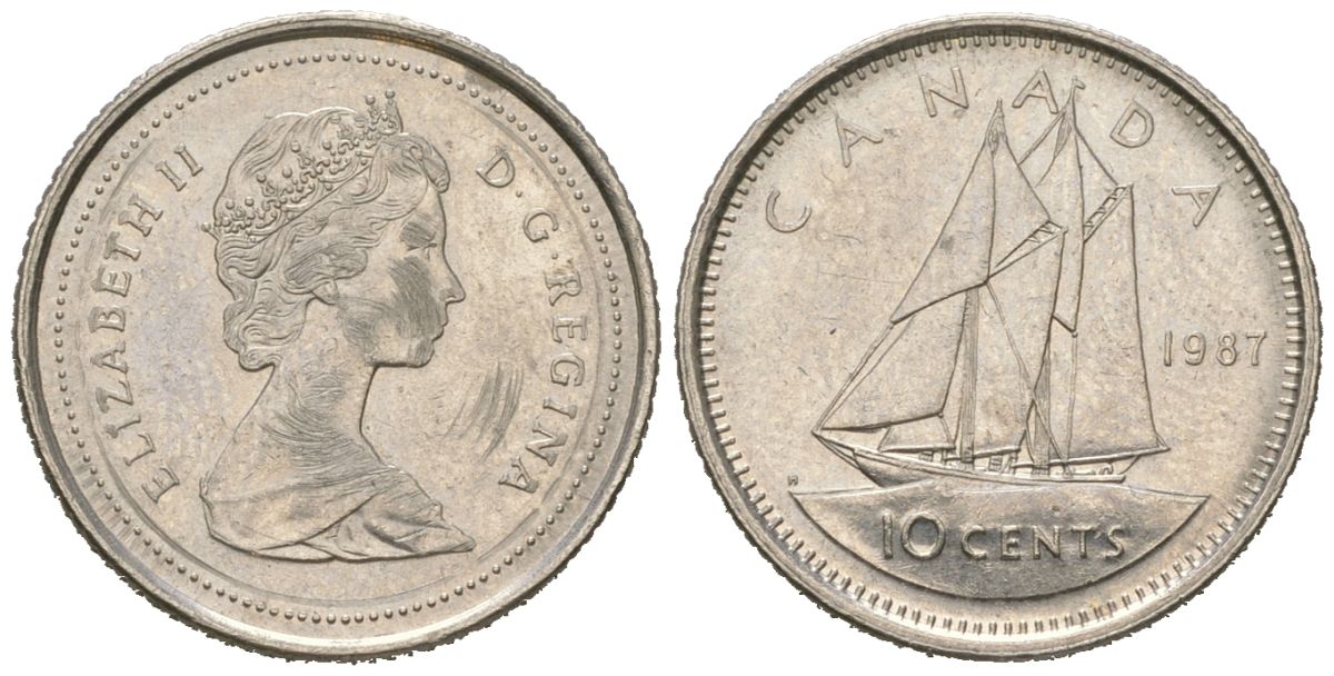 Канада 10 центов 1987 Елизавета II (1952-2022), парусник KM 77 никель 4381-733