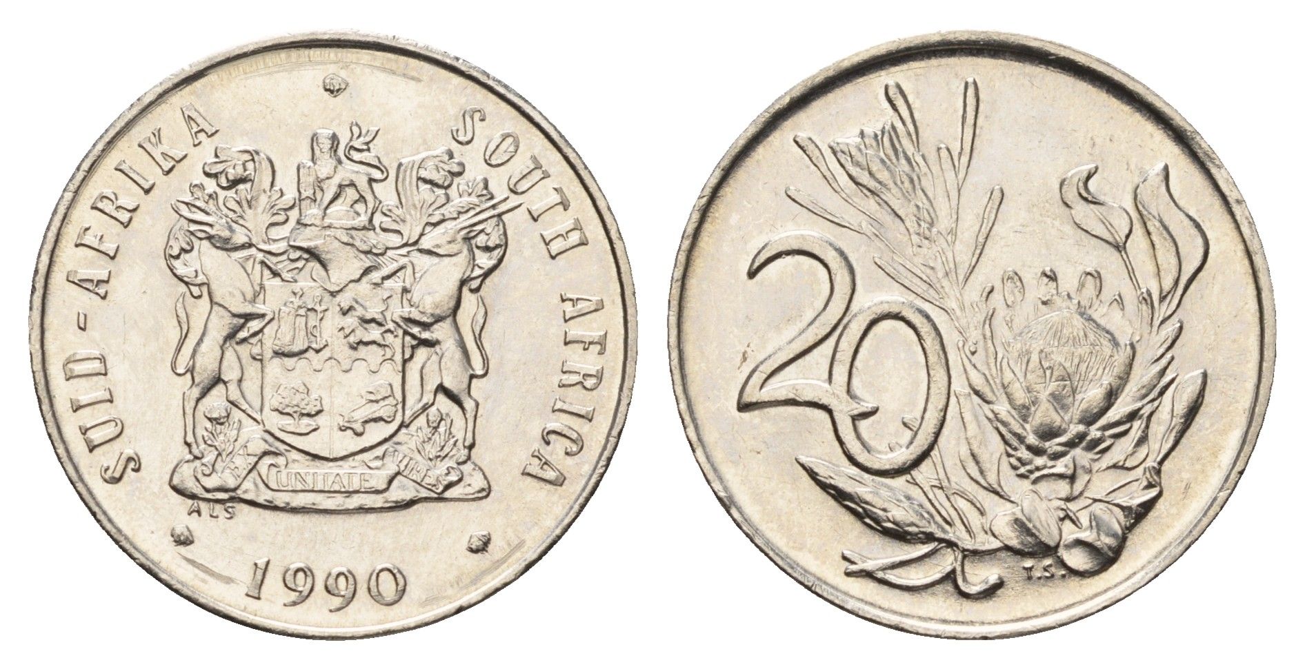 ЮАР 20 центов 1990 герб, цветок протея KM 86 никель UNC 4693-814