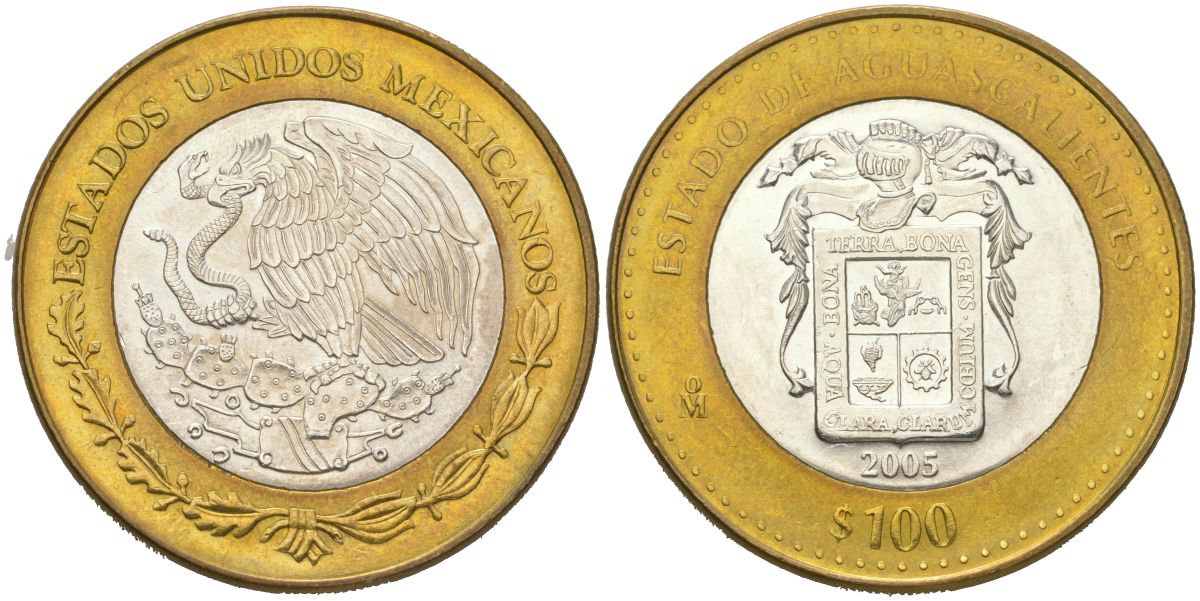 Мексика 100 песо 2005 180 лет Федерации - Агуаскальентес KM 721 биметалл, серебро BU 00-1067-8-64