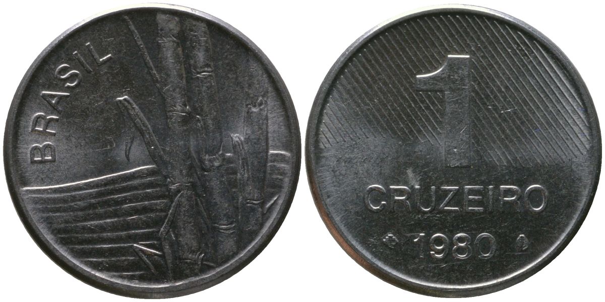 Бразилия 1 крузейро 1980 KM 590, Schon 99 нержавеющая сталь aUNC 4567-1012