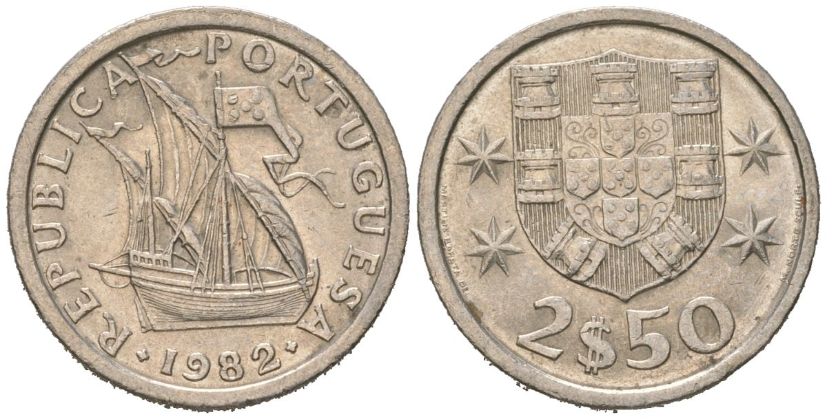Португалия 2,5 эскудо 1982 KM 590 медно-никель aUNC 4618-366