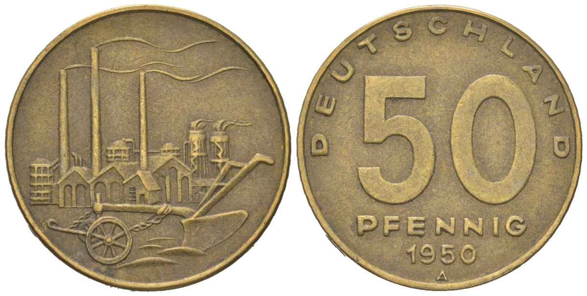 ГДР 50 пфеннигов 1950 А, фабрика KM 4 алюминиевая бронза 188-641