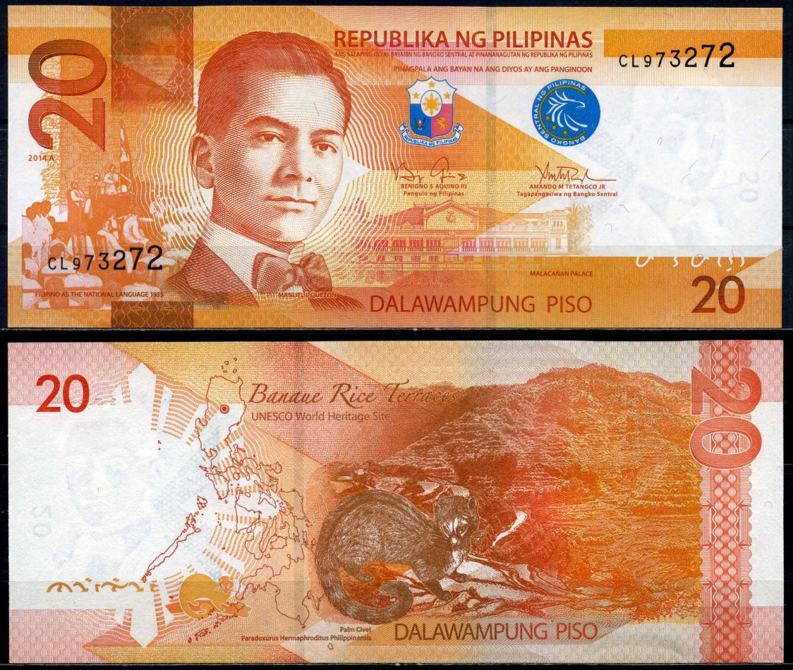 Филиппины 20 писо 2014 A Мануэль Кесон, signatures: Aquino III & Tetangco Pick 206a бумага UNC (пресс) 8602-48-3-2