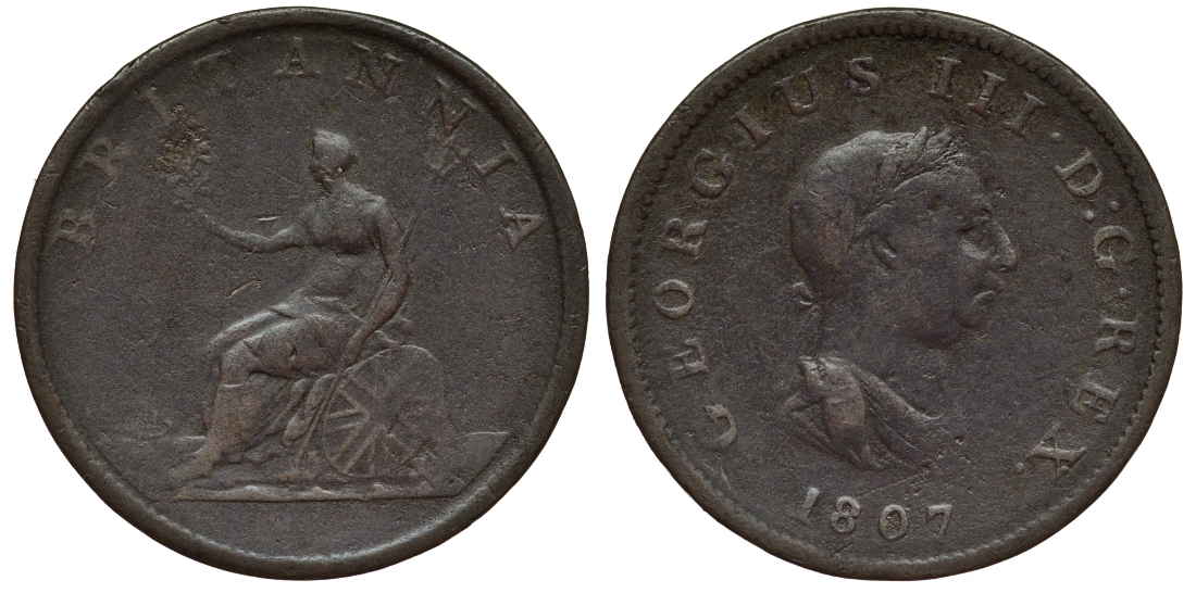 Великобритания 1/2 пенни 1807 Георг III (1760-1820) KM 662, Spink 3781 медь 189-122
