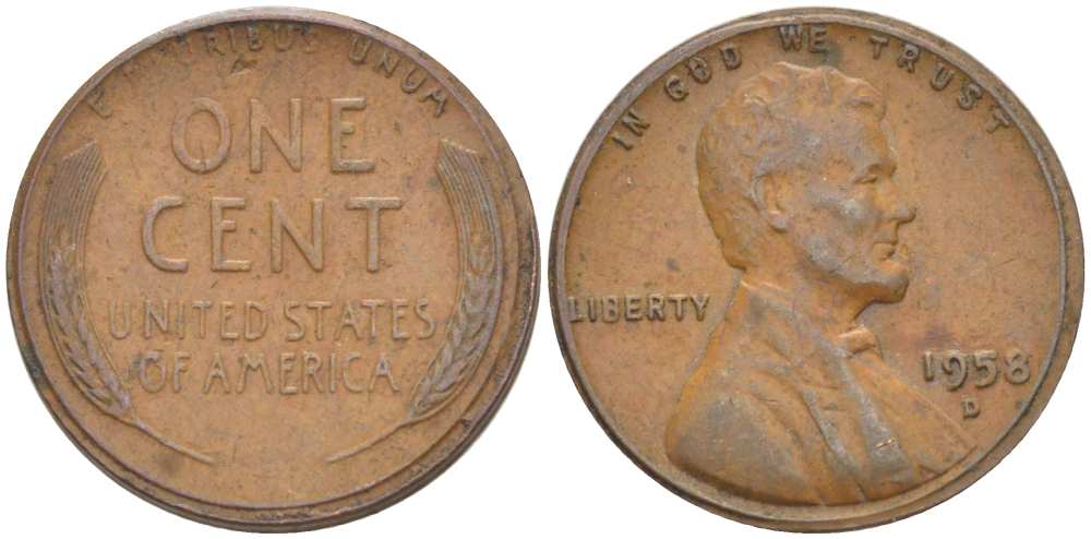США 1 ЦЕНТ 1958 D, ЛИНКОЛЬН KM А132 медь цинк 3309-1227