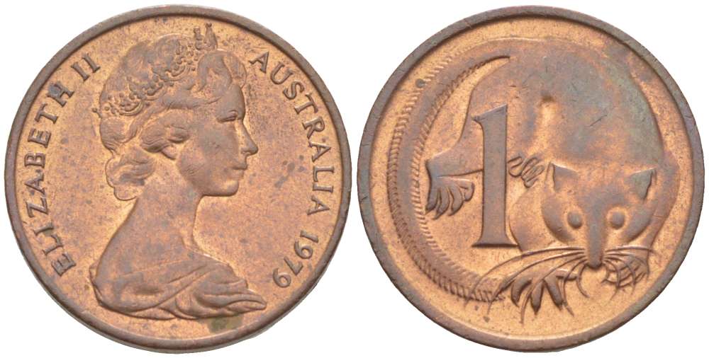 АВСТРАЛИЯ 1 ЦЕНТ 1979 ЕЛИЗАВЕТА II (1952-) МОЛОДОЙ ПОРТРЕТ, ОПОССУМ KM 62 бронза 4516-637