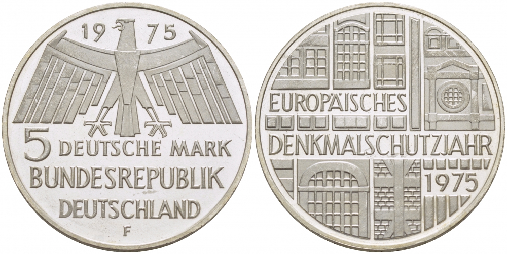 ФРГ 5 марок 1975 F, Европейский год охраны памятников J. 417, KM 142.1 серебро PROOF 650-1332