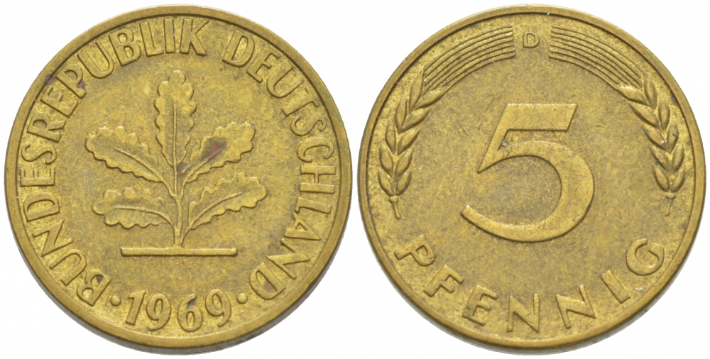ФРГ 5 ПФЕННИГОВ 1969 D KM 107 J. 382 сталь плакированная латунью 3955-555