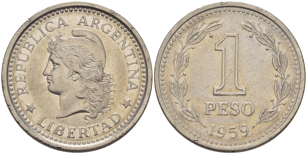 Аргентина 1 песо 1959 голова свободы влево KM 57 сталь плакированная никелем 67-522