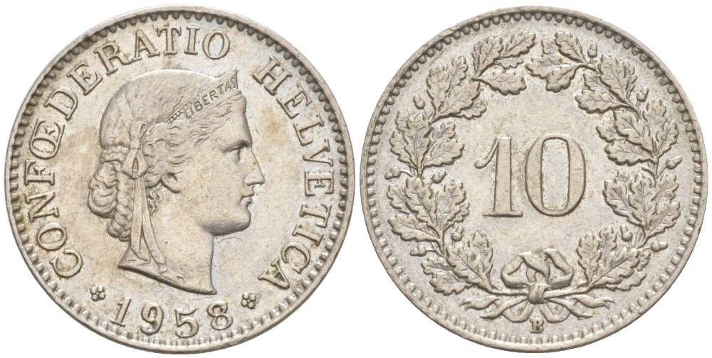 Швейцария 10 раппенов 1958 B KM 27 медно-никель     55-255