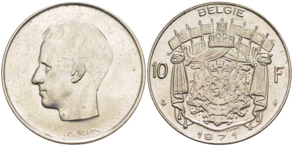 БЕЛЬГИЯ 10 ФРАНКОВ 1971 BELGIE, БОДУЭН I (1951-1993) KM 156.1 никель 213-442