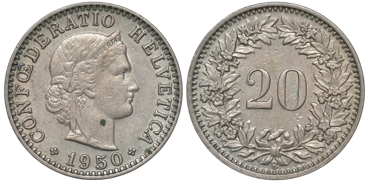 Швейцария 20 раппенов 1950 KM 29a медно-никель 4556-1015