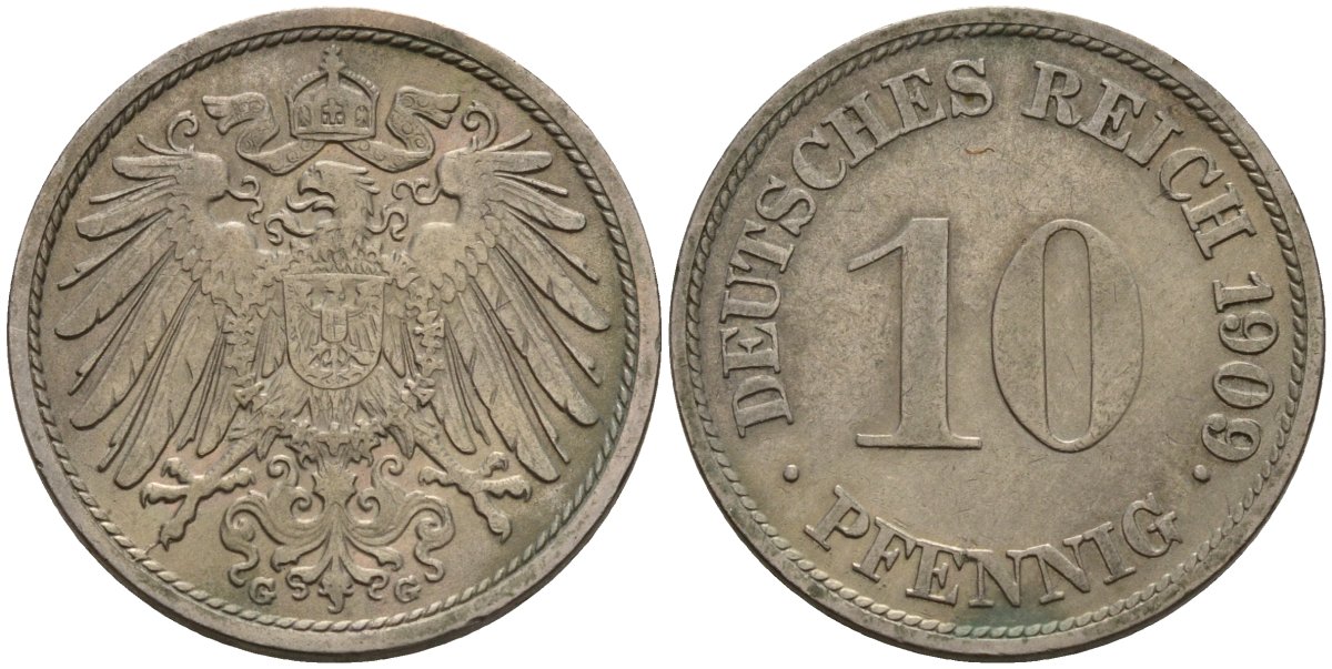 Германия 10 пфеннигов 1909 G KM 12, J. 13 медно-никель 4539-734