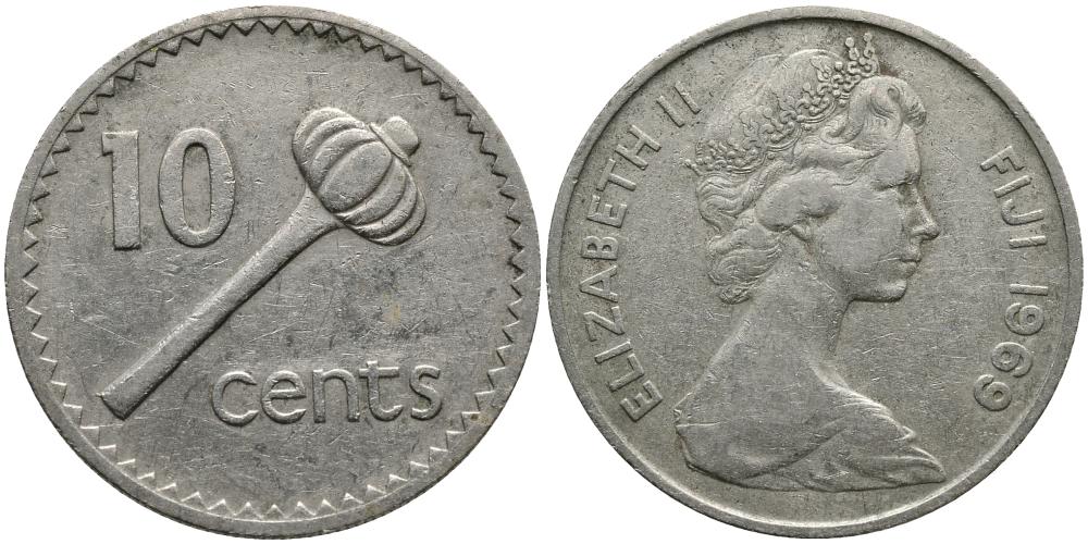 Фиджи 10 центов 1969 Елизавета II (1952-), булава KM 30 медно-никель 3336-227