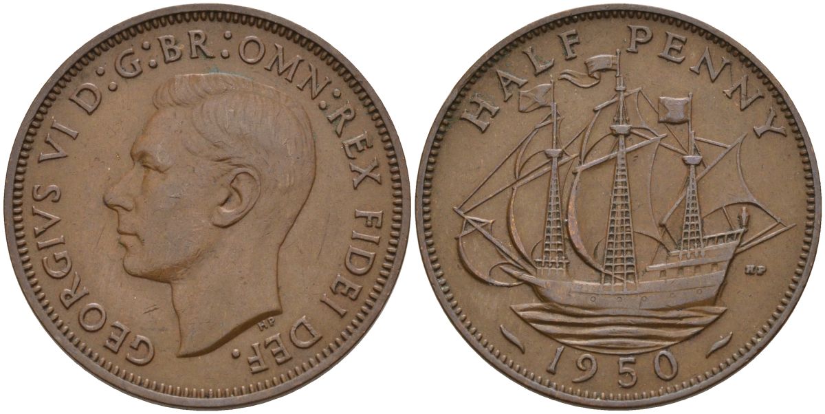 Великобритания 1/2 пенни 1950 Георг VI (1936-1952) KM 868, Spink 4118 бронза 4153-835