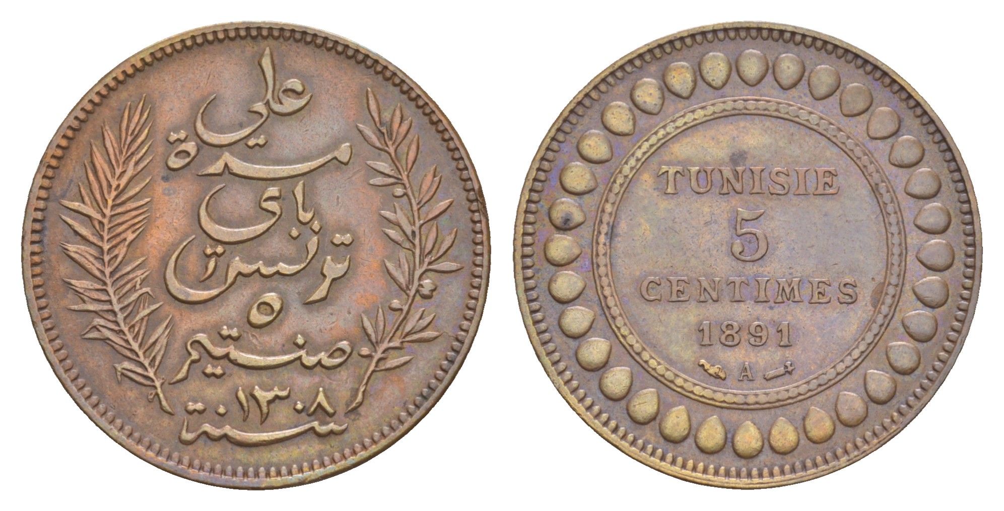 Тунис 5 сантимов 1891 A KM 221 бронза 4654-1142