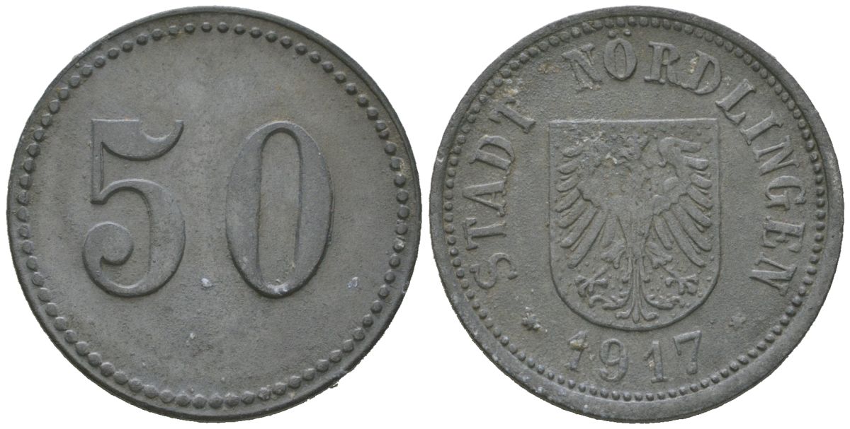 Нердлинген (Бавария) 50 пфеннингов 1917 Funck 381.3, Men18 23671.3 цинк 4586-856