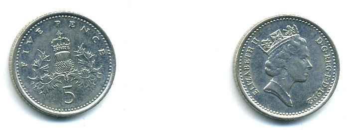 Великобритания 5 пенсов 1992 Елизавета II (1952-2022) KM 937b, Spink 4372 (D4) медно-никель 59-1246