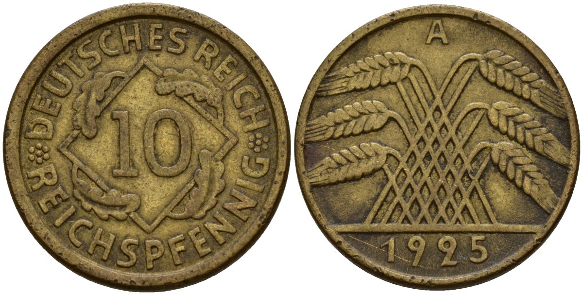 Германия 10 рейхспфеннигов 1925 A KM 40 алюминиевая бронза 4156-433
