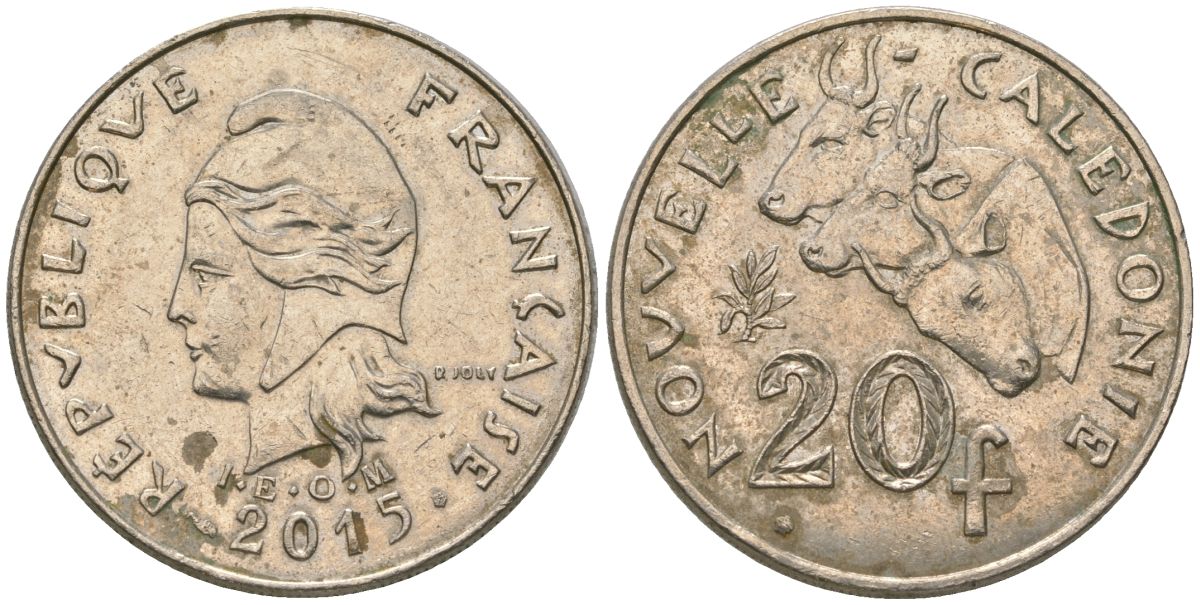 Французская Новая Каледония 20 франков 2015 три быка, (IEOM) KM 12a, Schoen 14a медно-никель 4137-514