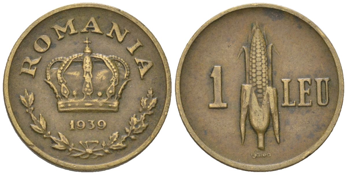 Румыния 1 лей 1939 Кароль II (1930-1940) KM 56 никель латунь 218-335