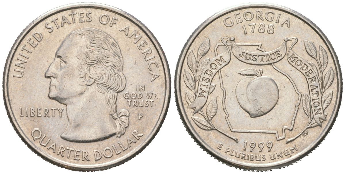 США 25 центов = квотер = 1/4 доллара 1999 P, квотер штата Джорджия KM 296 медь плакированная медно-никелем UNC 183-212