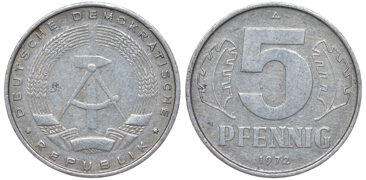 ГДР 5 пфеннигов 1972 A KM 9.1 алюминий 62-233
