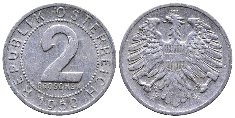 АВСТРИЯ 2 ГРОША 1950 ПЕРВЫЙ ГОД KM 2876 алюминий 26-1146