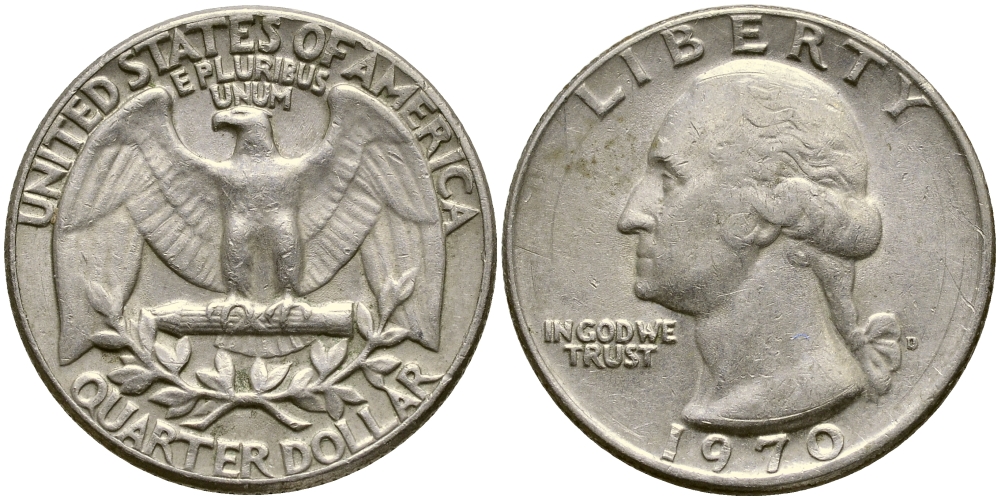 США 25 центов (квотер) 1970 D, Вашингтон KM 164а медь плакированная медно-никелем 4388-334
