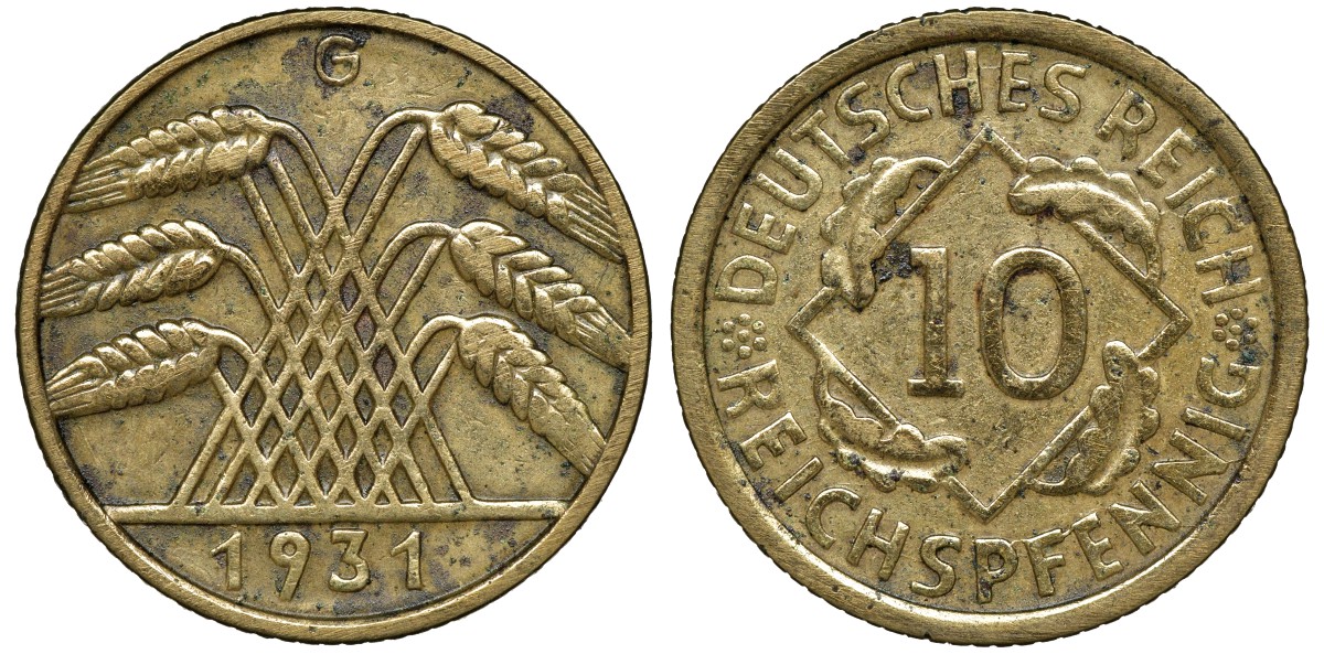 ГЕРМАНИЯ 10 РЕЙХСПФЕННИГОВ 1931 G, ВЕЙМАРСКАЯ РЕСПУБЛИКА, ЦЕНА ПО МТ 400 ЕВРО Weege 9, J. 317, KM 40 алюминиевая бронза 72-1726