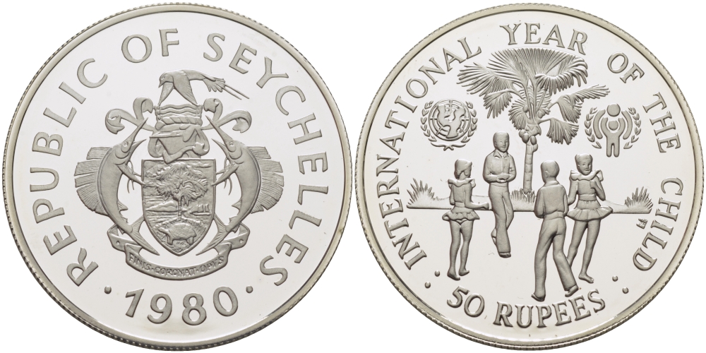 Сейшельские острова 50 рупий 1980 ООН, международный год защиты детей, тираж 10000 экз. KM 42 серебро PROOF 02-208-14