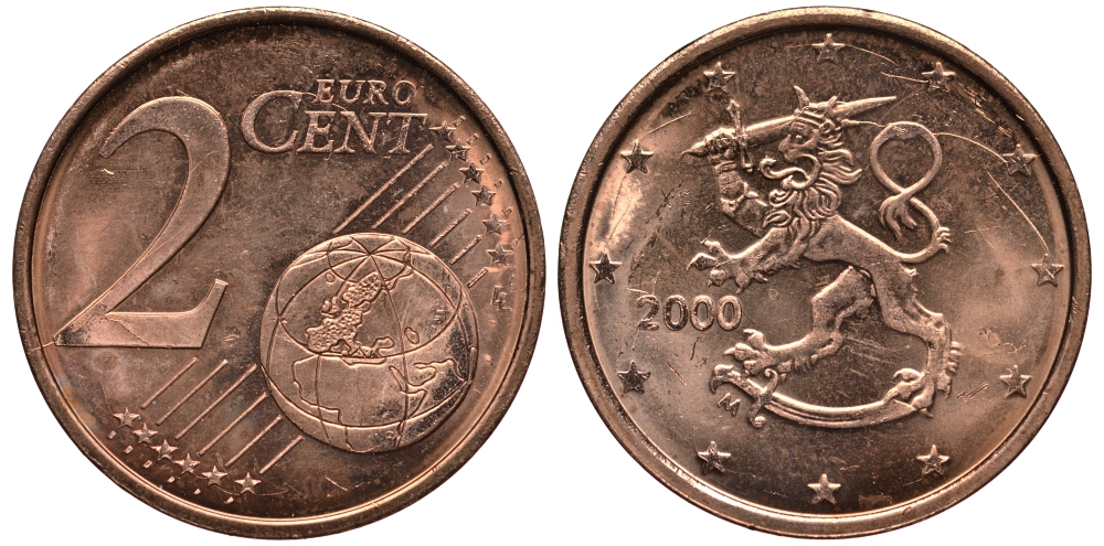 ФИНЛЯНДИЯ 2 ЕВРОЦЕНТА 2000 KM 99 сталь плакированная медью UNC 4181-442