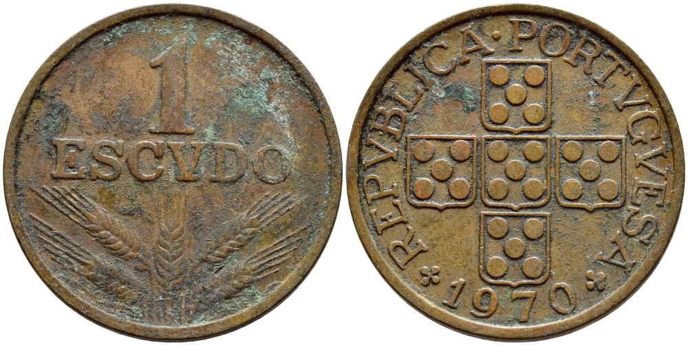 Португалия 1 эскудо 1970 KM 597 бронза 4394-734