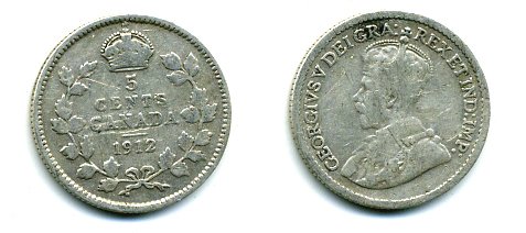 КАНАДА 5 ЦЕНТОВ 1912 ГЕОРГ V серебро 46-512