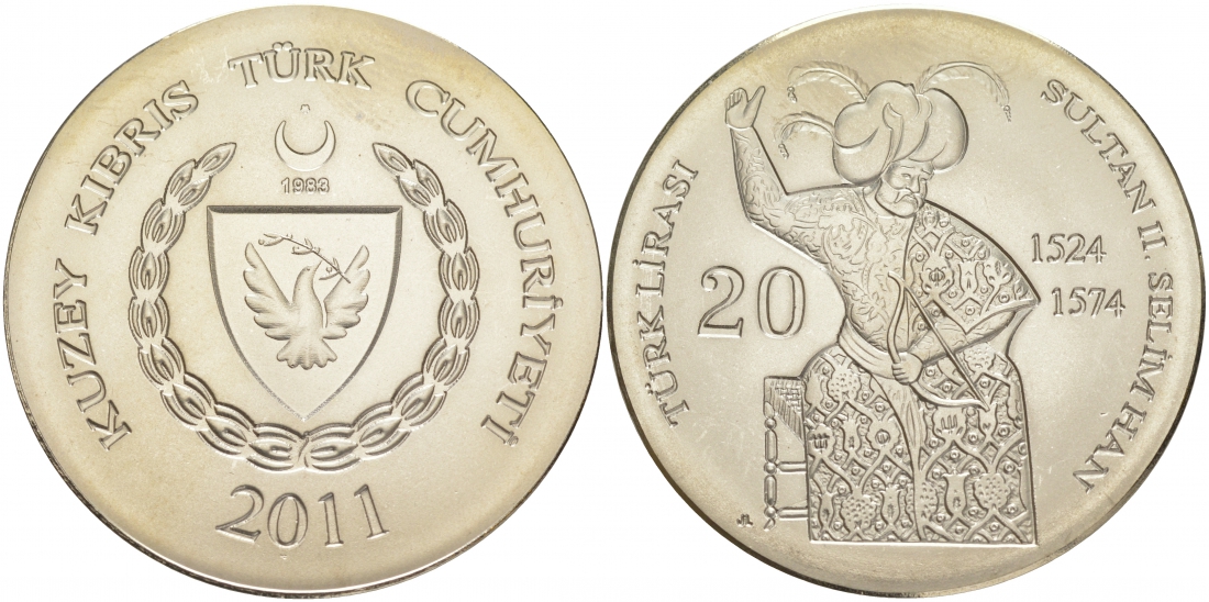 ТУРЕЦКИЙ КИПР 20 ЛИР 2011 СУЛТАН СУЛЕЙМАН медно-никель UNC M26-13
